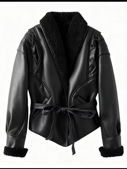 Women's trendy faux leather jacket with fluffy lining and tie belt NOVAE