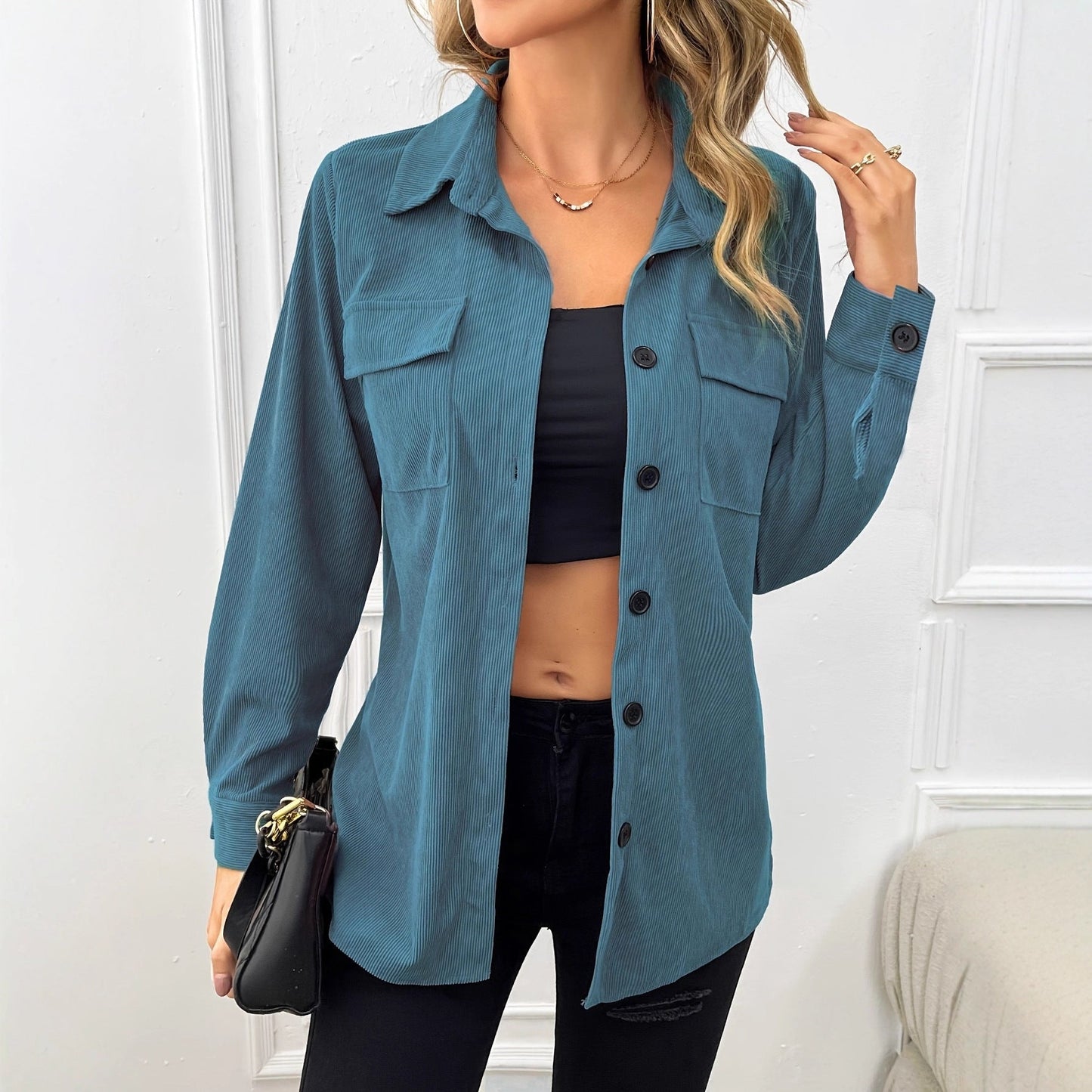 Women's casual corduroy jacket with practical pockets and button closure NOVAE