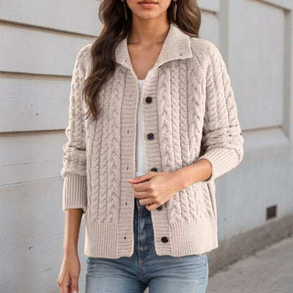 Women's chunky knit cardigan with decorative cable pattern and practical pockets NOVAE