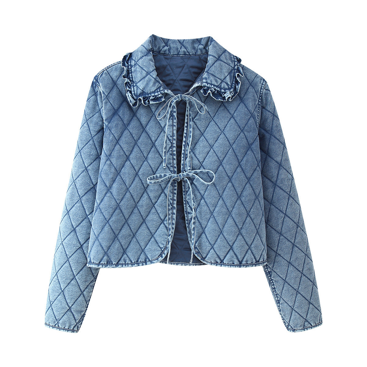 Women's quilted denim jacket with ruffle details and tie closure NOVAE