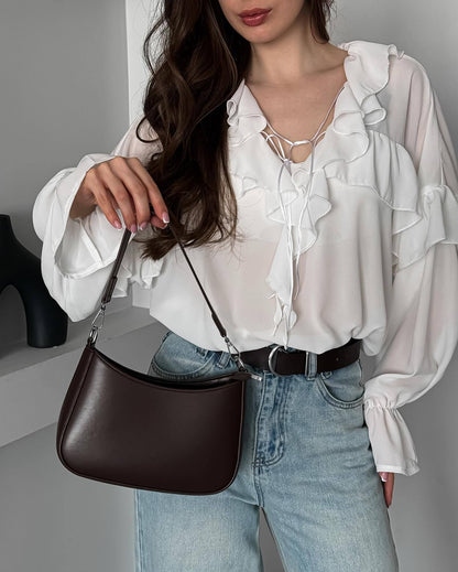 Women's blouse with playful flounce and tie belt NOVAE