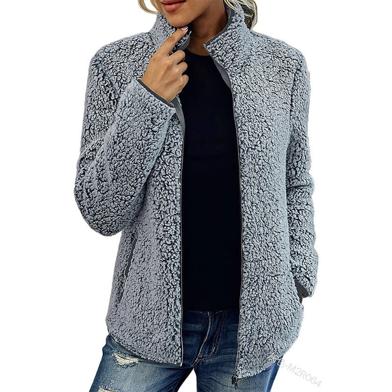 Women's fluffy fleece jacket with high collar and side pockets NOVAE