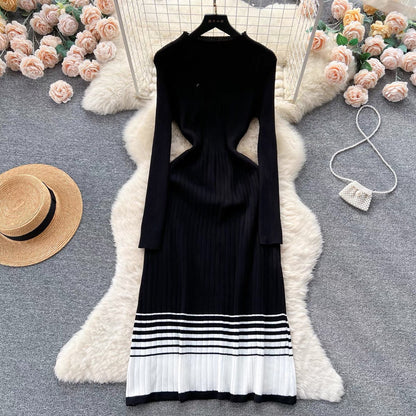 Women's knit dress with high collar and sophisticated striped pattern NOVAE