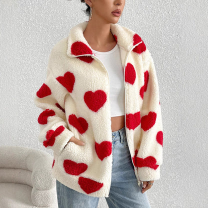 Women's Cozy Fleece Jacket with Heart Design NOVAE