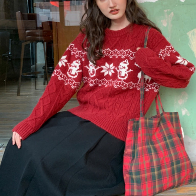 Women's Christmas sweater with festive cable knit pattern and snowman motif NOVAE