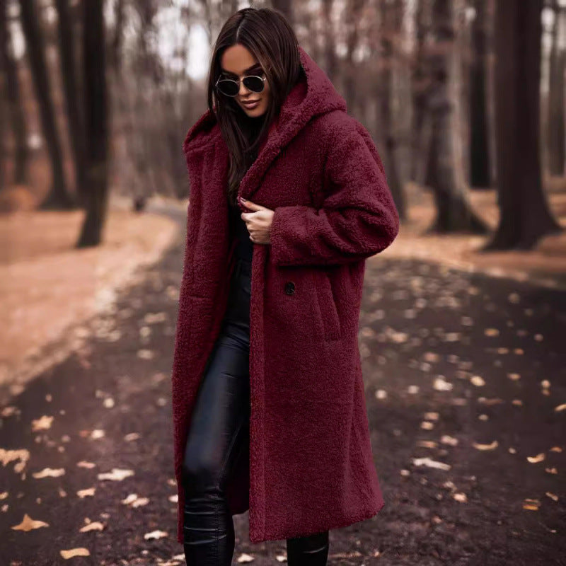 Women's cozy teddy coat with hood and button closure NOVAE