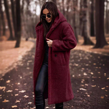 Women's cozy teddy coat with hood and button closure NOVAE