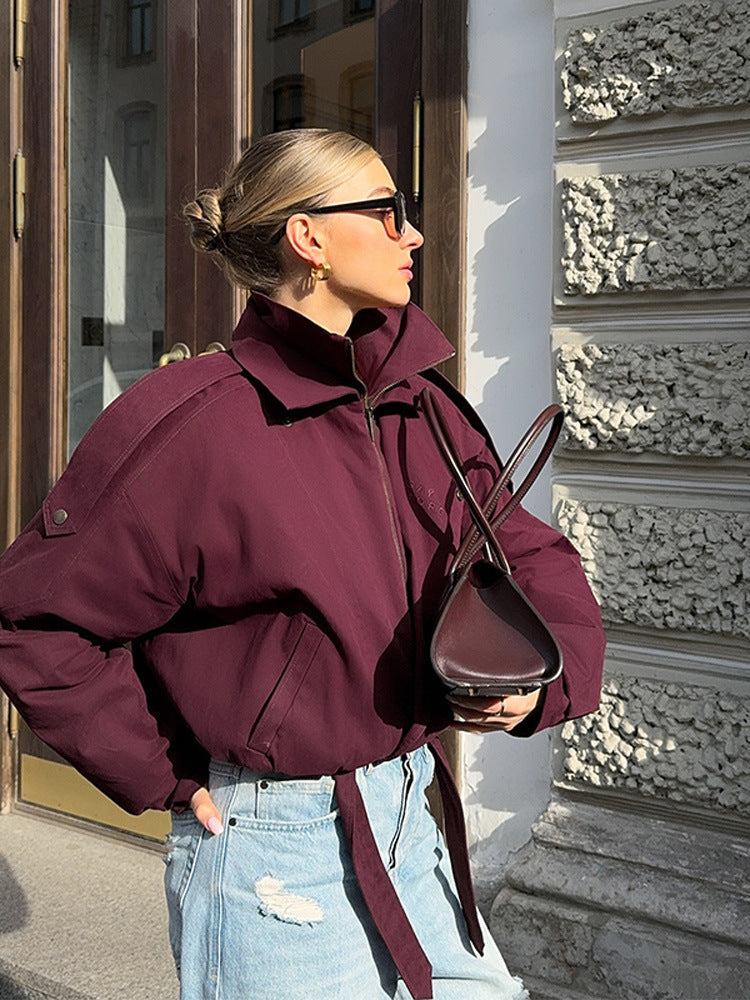 Women's modern oversized jacket with stand-up collar and waist belt NOVAE