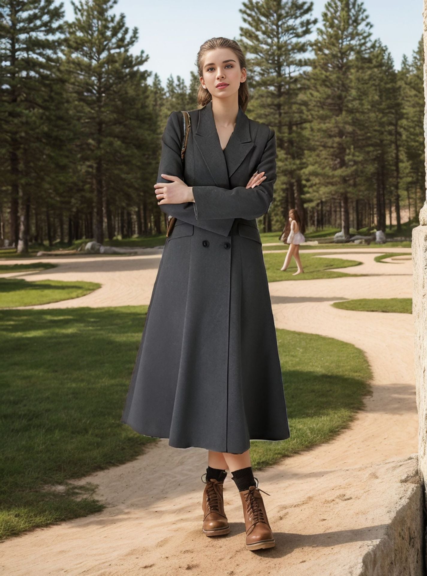 Women's elegant maxi coat with double-breasted button closure and wide, flowing skirt NOVAE