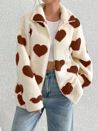Women's Cozy Fleece Jacket with Heart Design NOVAE