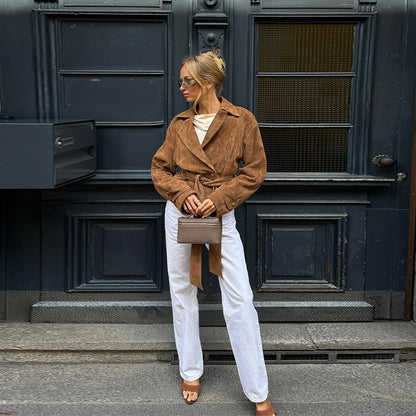 Women's luxury suede jacket with adjustable belt and elegant lapel NOVAE