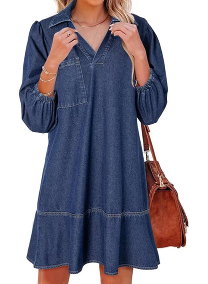 Women's denim dress with voluminous sleeves and side pocket NOVAE