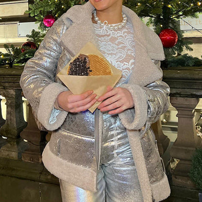 Women's fashionable transitional jacket with luxurious faux fur trim and glossy finish NOVAE