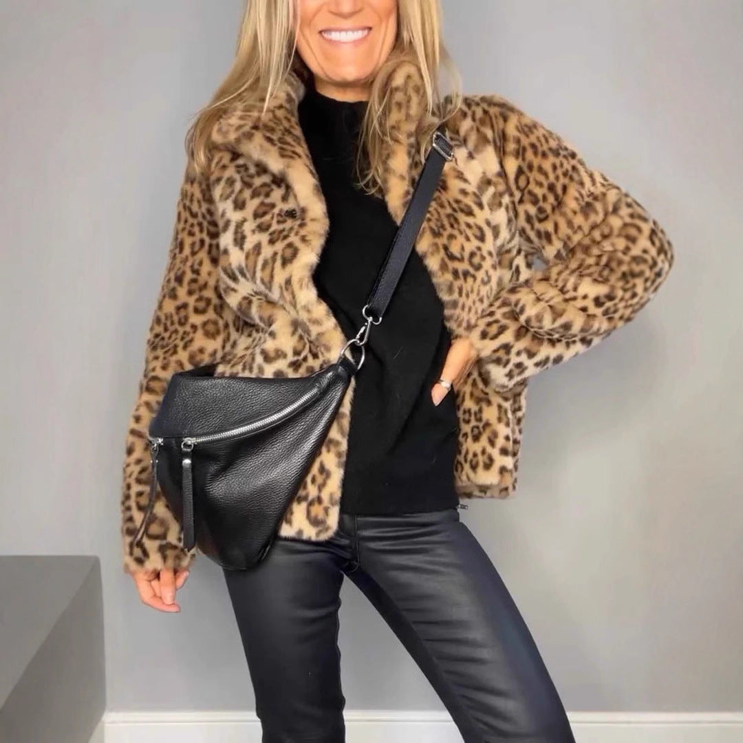 Women's Fluffy Leopard Print Jacket with High Collar NOVAE