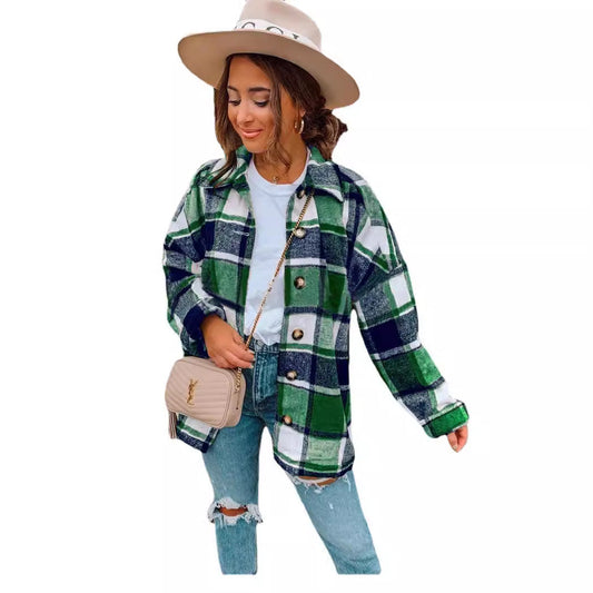 Women's casual checked flannel jacket with button details NOVAE