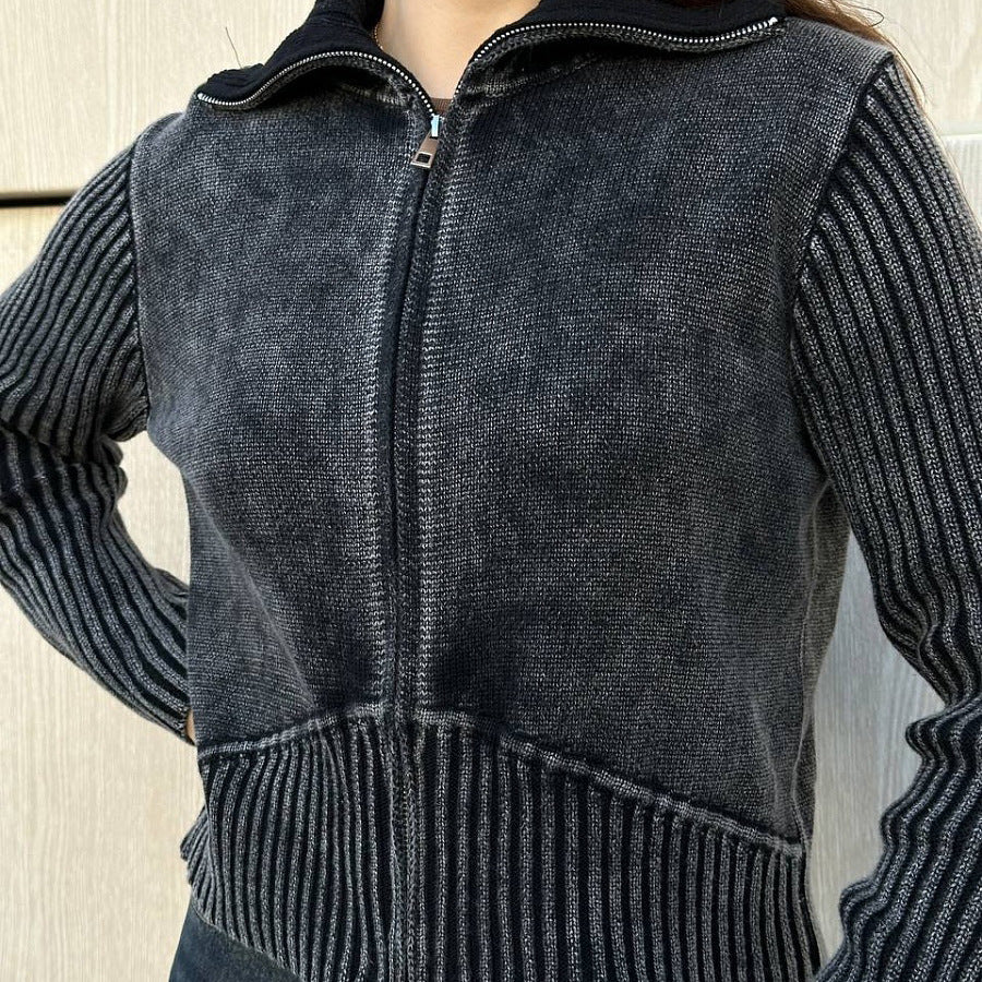 Women's short-sleeved cardigan with zipper and ribbed texture NOVAE