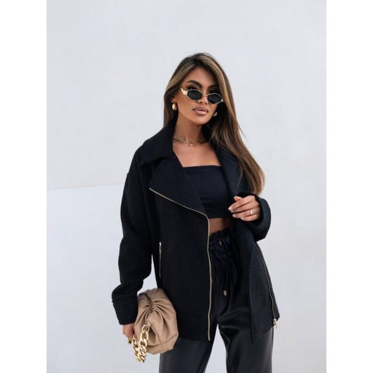 Women's elegant fluffy biker jacket with gold zipper details NOVAE