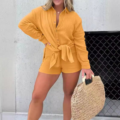 Women's casual crepe blouse and shorts set with adjustable belt NOVAE