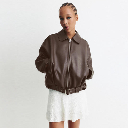 Women's fashionable faux leather jacket with a wide cut and waist belt NOVAE