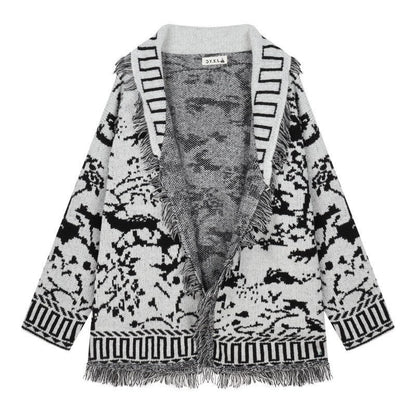 Women's fringed cardigan with graphic pattern and open fronts NOVAE