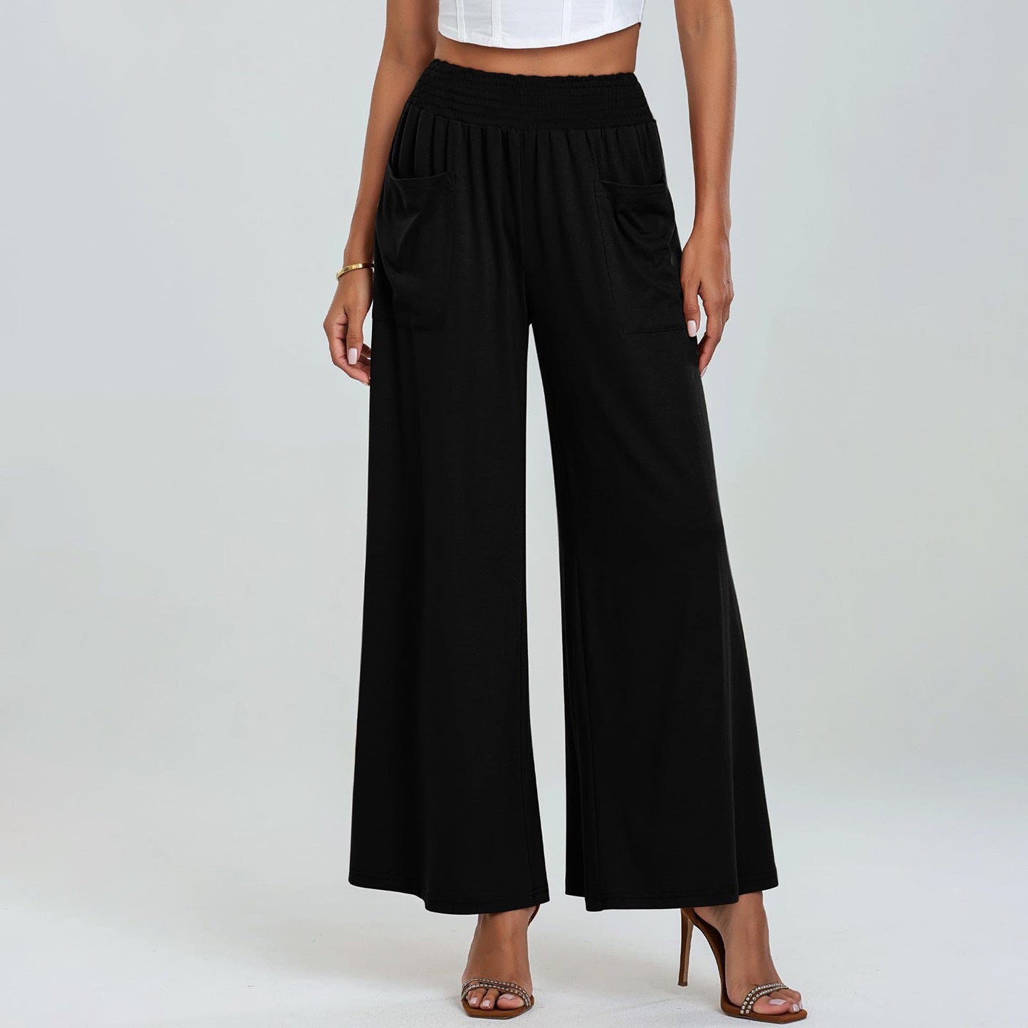 Women's wide-leg palazzo trousers with elasticated waistband and practical pockets NOVAE