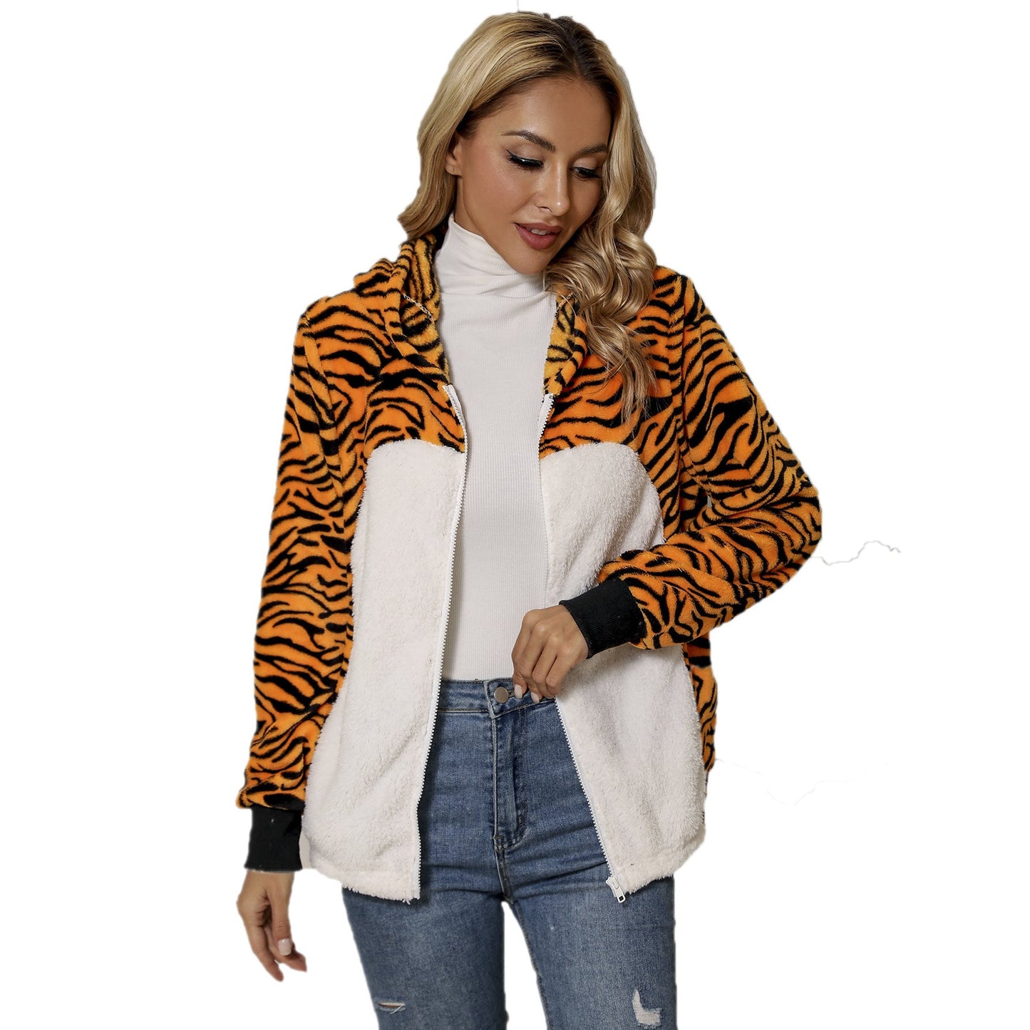 Women's plush jacket in tiger design with high collar and side pockets NOVAE
