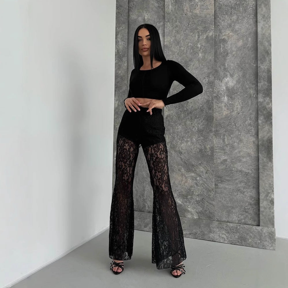 Women's elegant lace trouser suit with high waist and flowing cut NOVAE