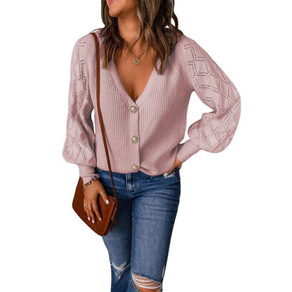 Women's cardigan with sophisticated diamond pattern and deep V-neck NOVAE