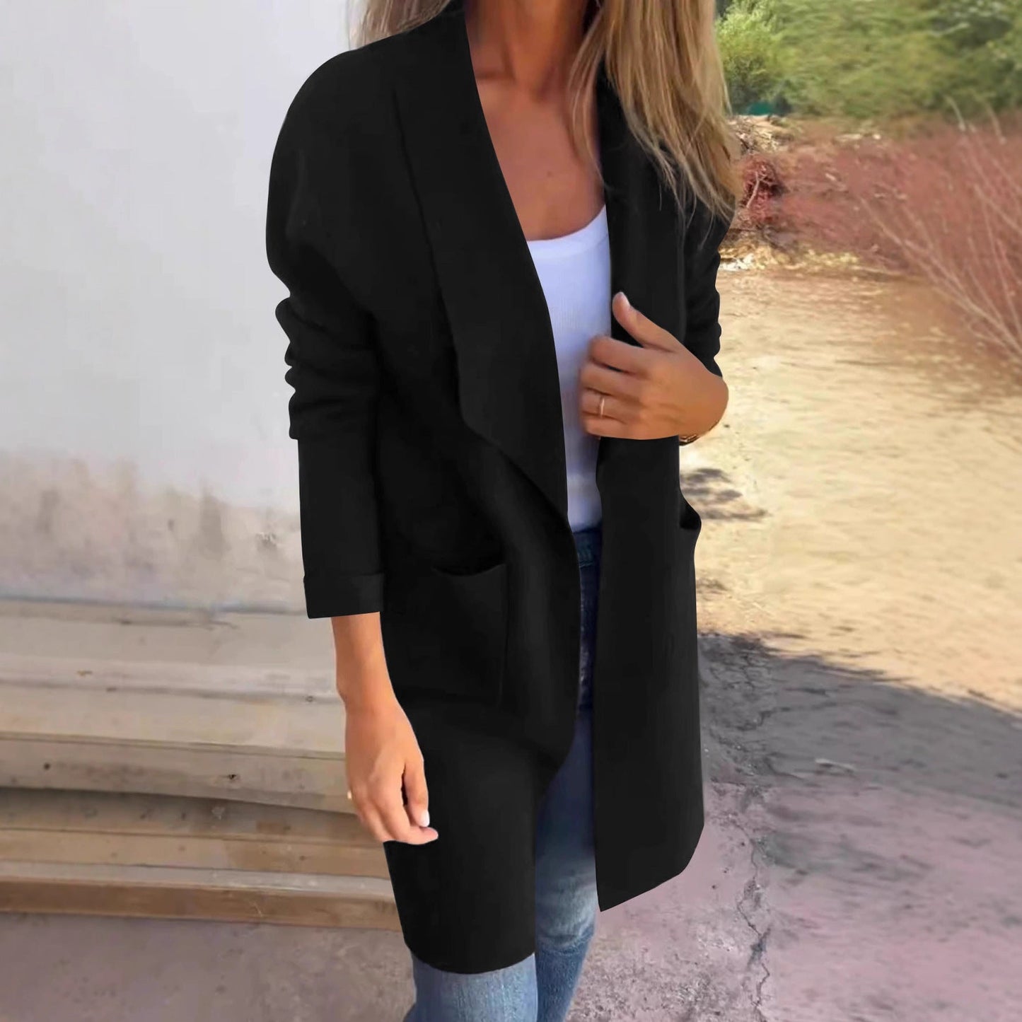 Women's casual long jacket with open cut and practical pockets NOVAE