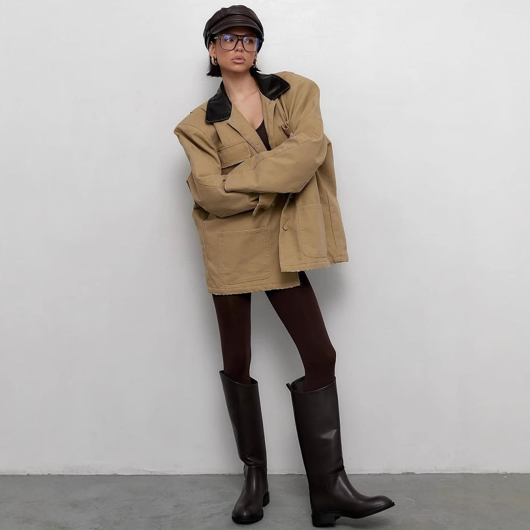 Women's casual oversized jacket with leather collar and practical pockets NOVAE