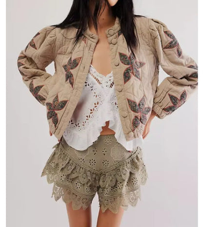 Women's quilted bomber jacket with floral design and elasticated cuffs NOVAE