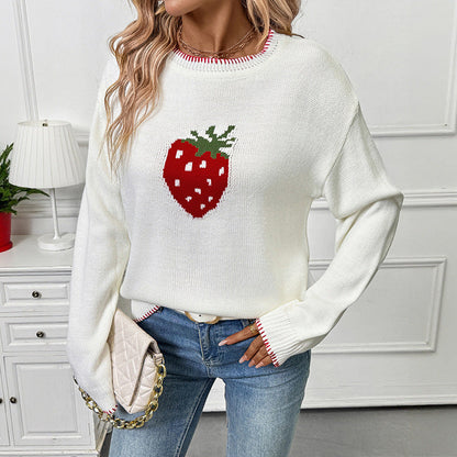 Women's knitted sweater with a fruity strawberry motif and a relaxed fit NOVAE
