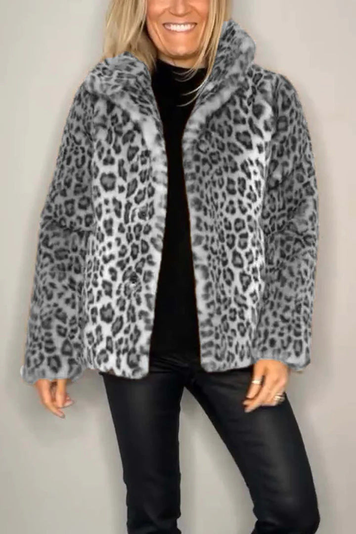Women's Fluffy Leopard Print Jacket with High Collar NOVAE