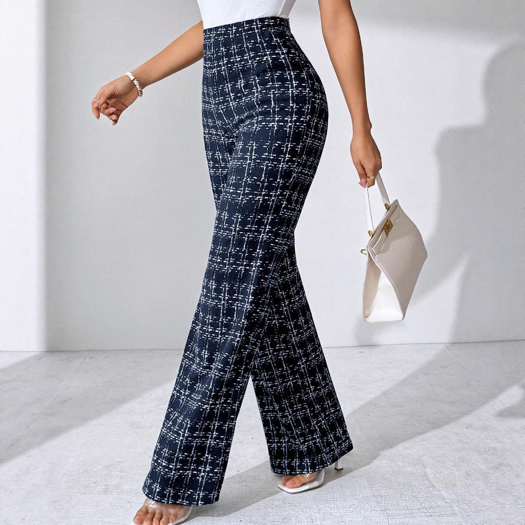 Women's High-Waisted Palazzo Trousers with Textured Check Pattern NOVAE