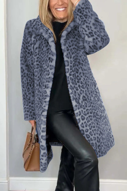 Women's Fluffy Leopard Print Jacket with High Collar NOVAE