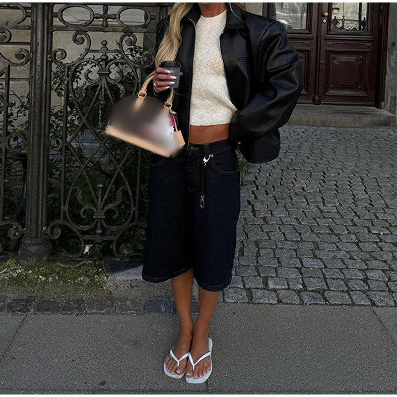 Women's fashionable faux leather jacket with elastic cut and practical pockets NOVAE