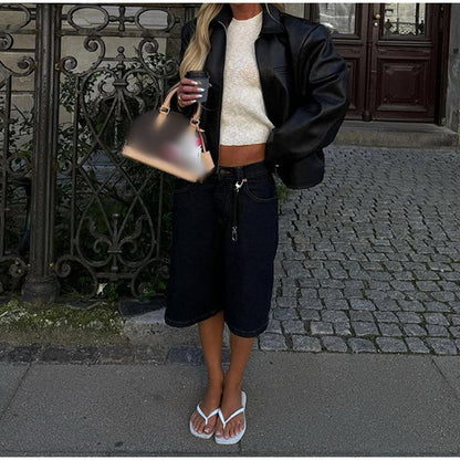 Women's fashionable faux leather jacket with elastic cut and practical pockets NOVAE