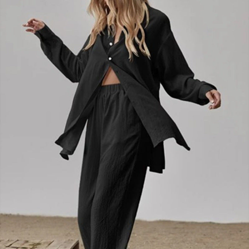 Women's Satin Pyjama Set with Long-Sleeved Blouse and Wide-Leg Trousers NOVAE