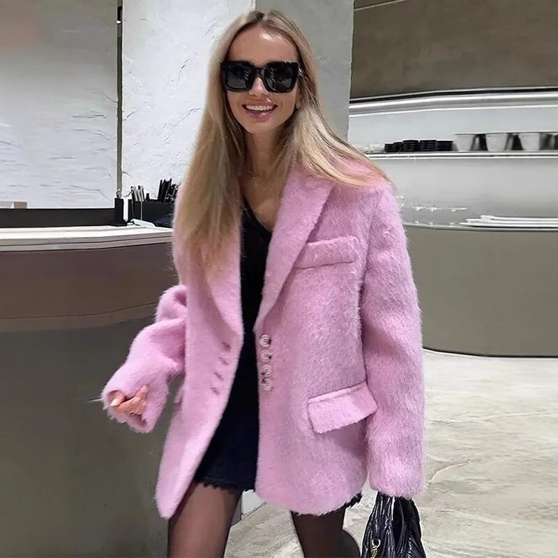 Women's elegant blazer jacket with soft fur and decorative button details NOVAE