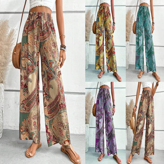 Women's wide-leg palazzo trousers with floral paisley pattern and elasticated waistband NOVAE