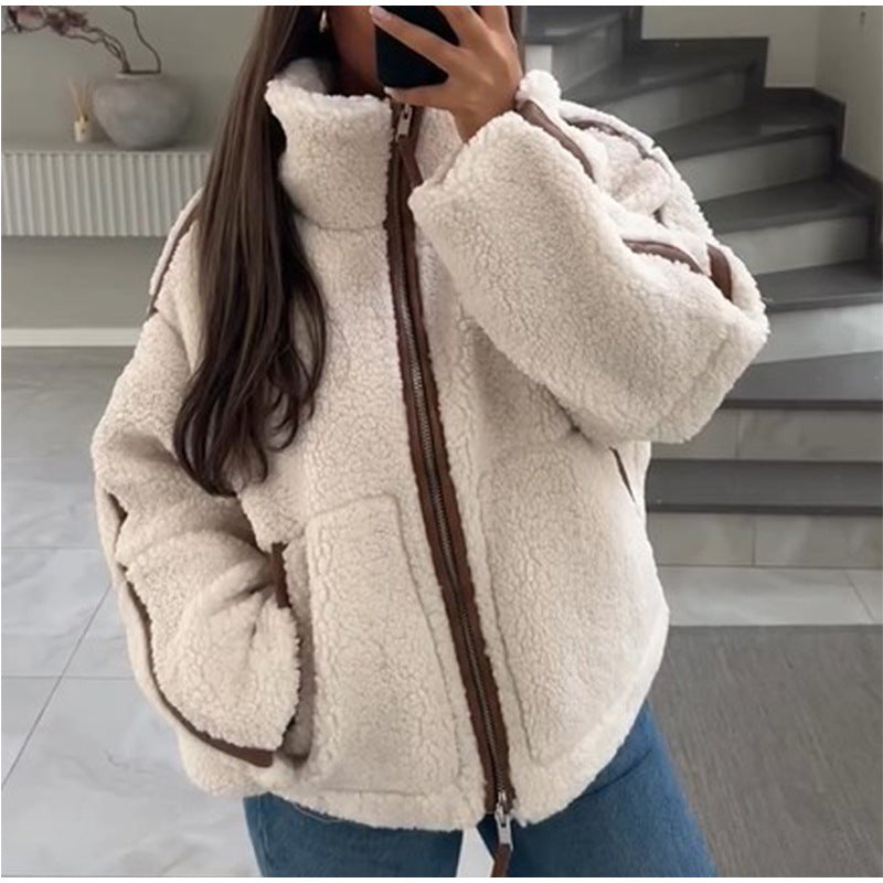 Women's cozy teddy fleece jacket with high collar and comfortable cut NOVAE