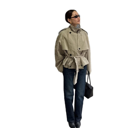 Women's fashionable short jacket with high collar and waist belt NOVAE