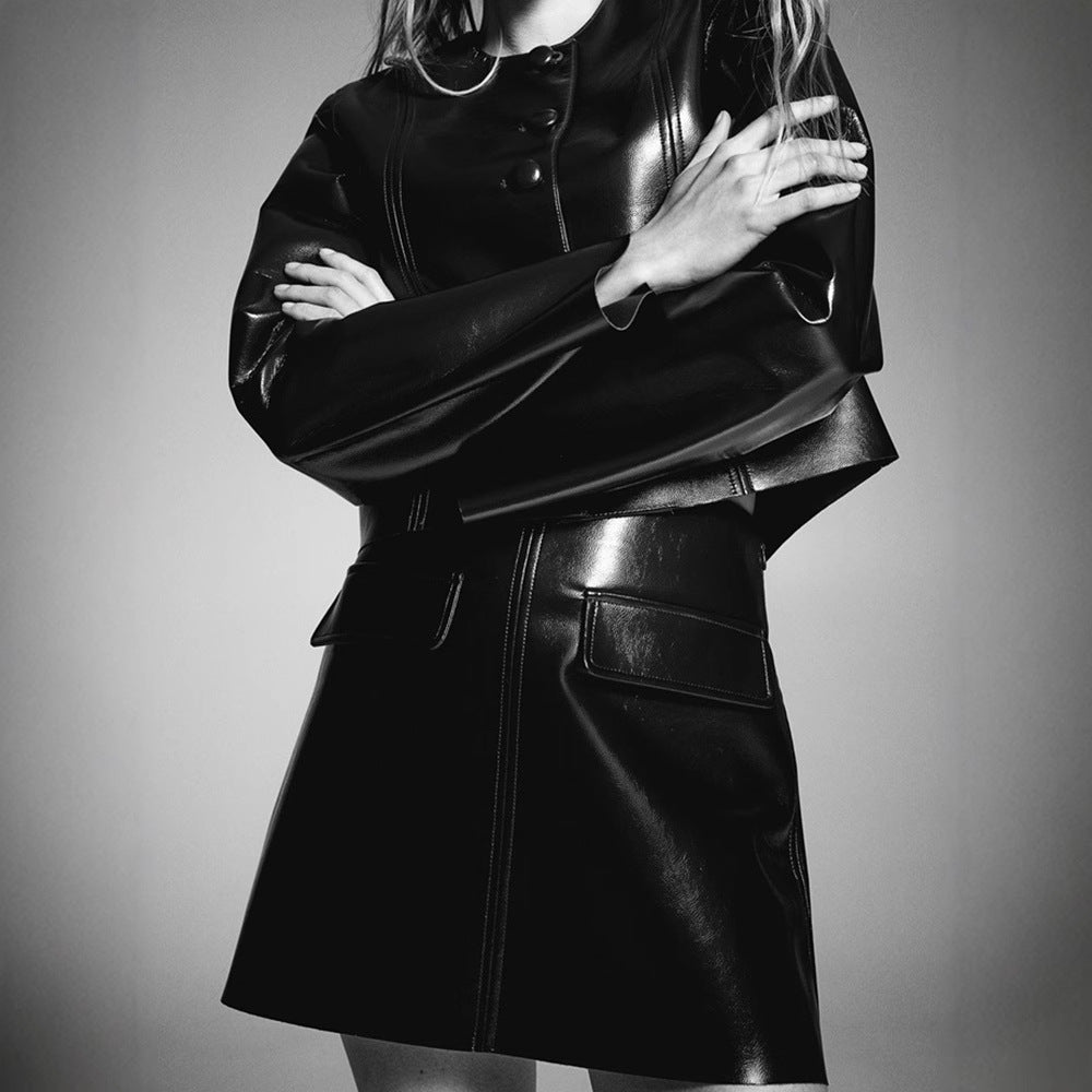 Women's fashionable faux leather set with cropped jacket and short skirt NOVAE