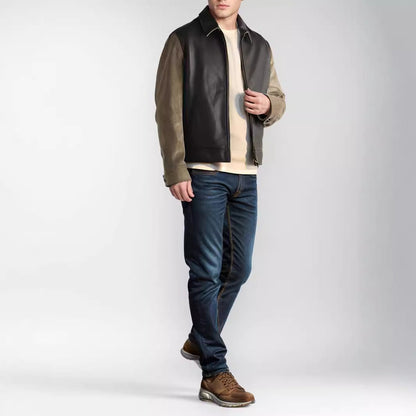 Men's fashionable leather jacket with corduroy details and practical zip pockets NOVAE