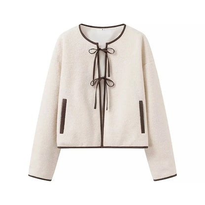 Women's fluffy short jacket with decorative tie belt NOVAE