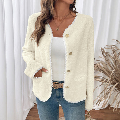 Women's soft teddy jacket with lace trim NOVAE