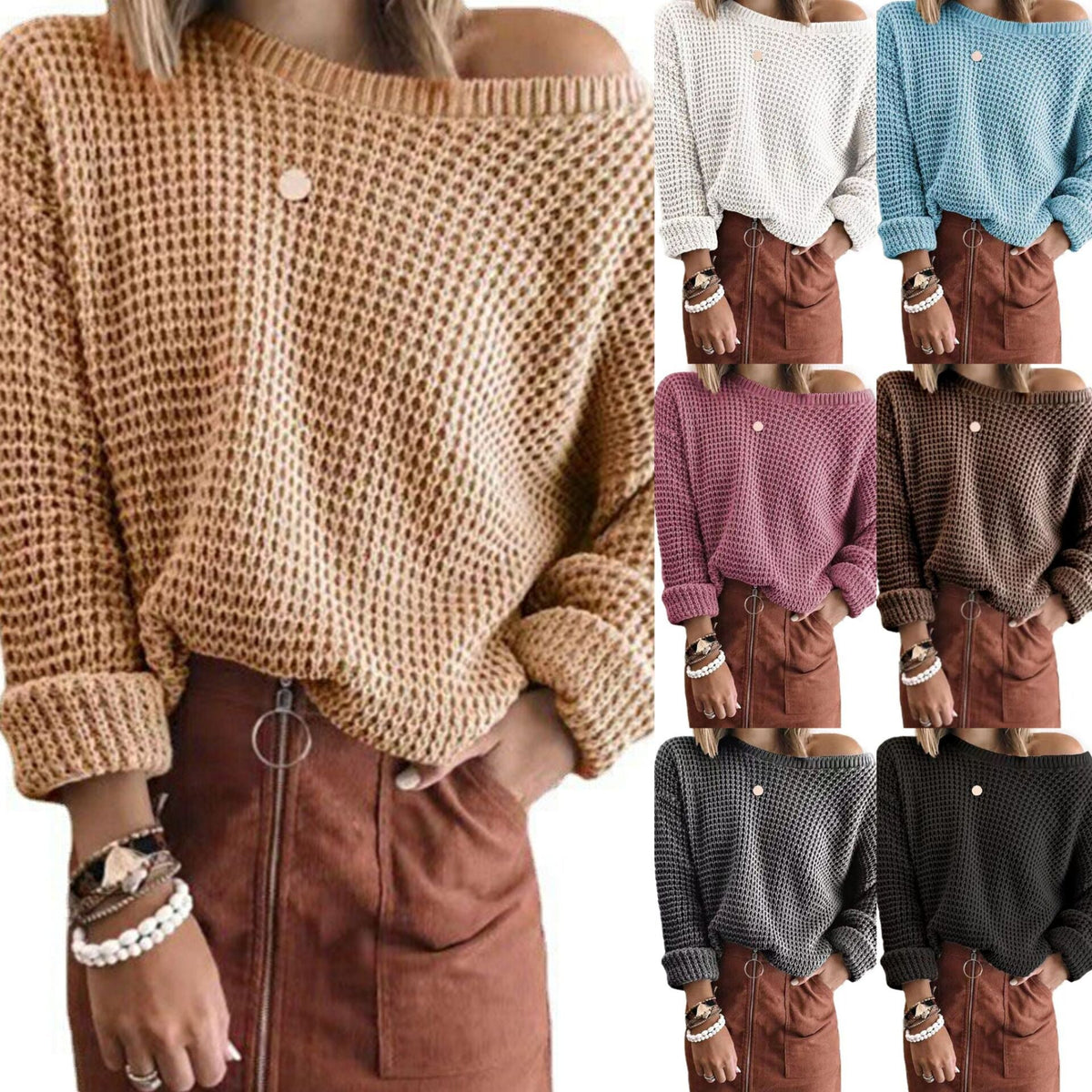 Women's knitted sweater in a casual oversized style with an off-the-shoulder design NOVAE