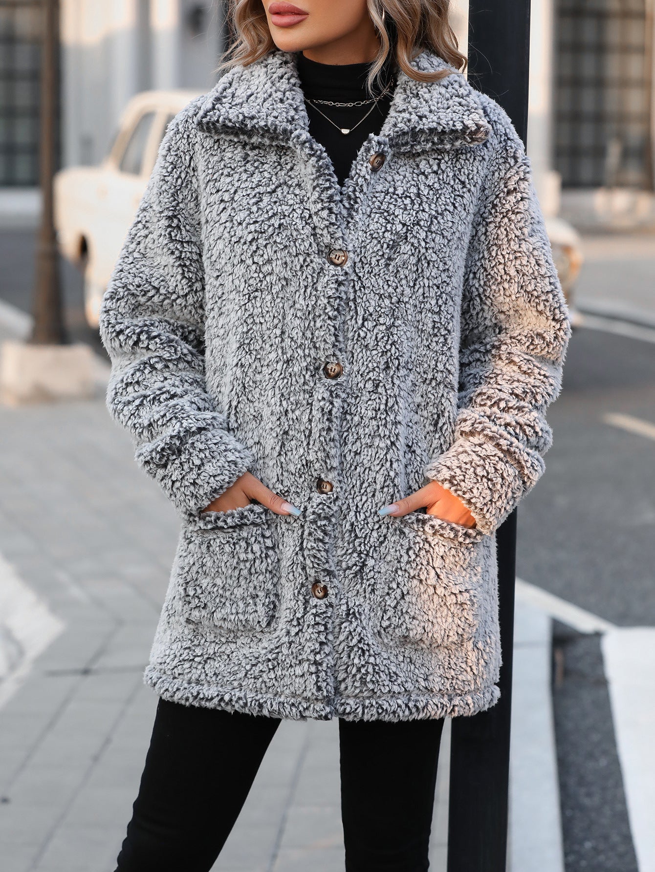 Women's Fluffy Transitional Jacket with Large Patch Pockets and Button Details NOVAE