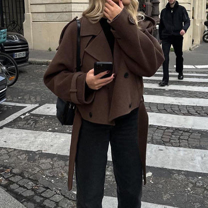 Women's fashionable cropped coat with wide lapels and oversized cut NOVAE