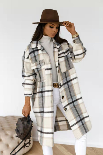 Women's Checkered Oversized Shirt Coat with Practical Pockets NOVAE